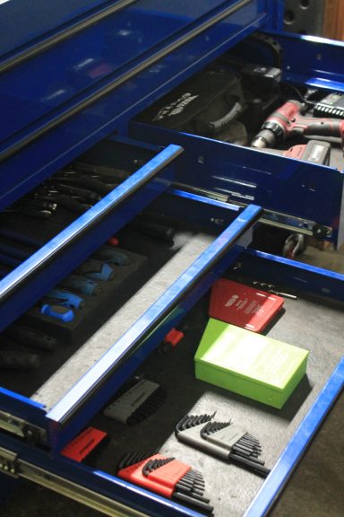 Mechanics toolbox with drawers open